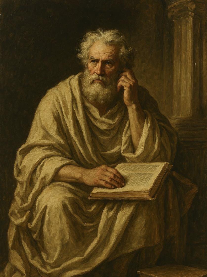 Retrato clássico de um sábio com um livro